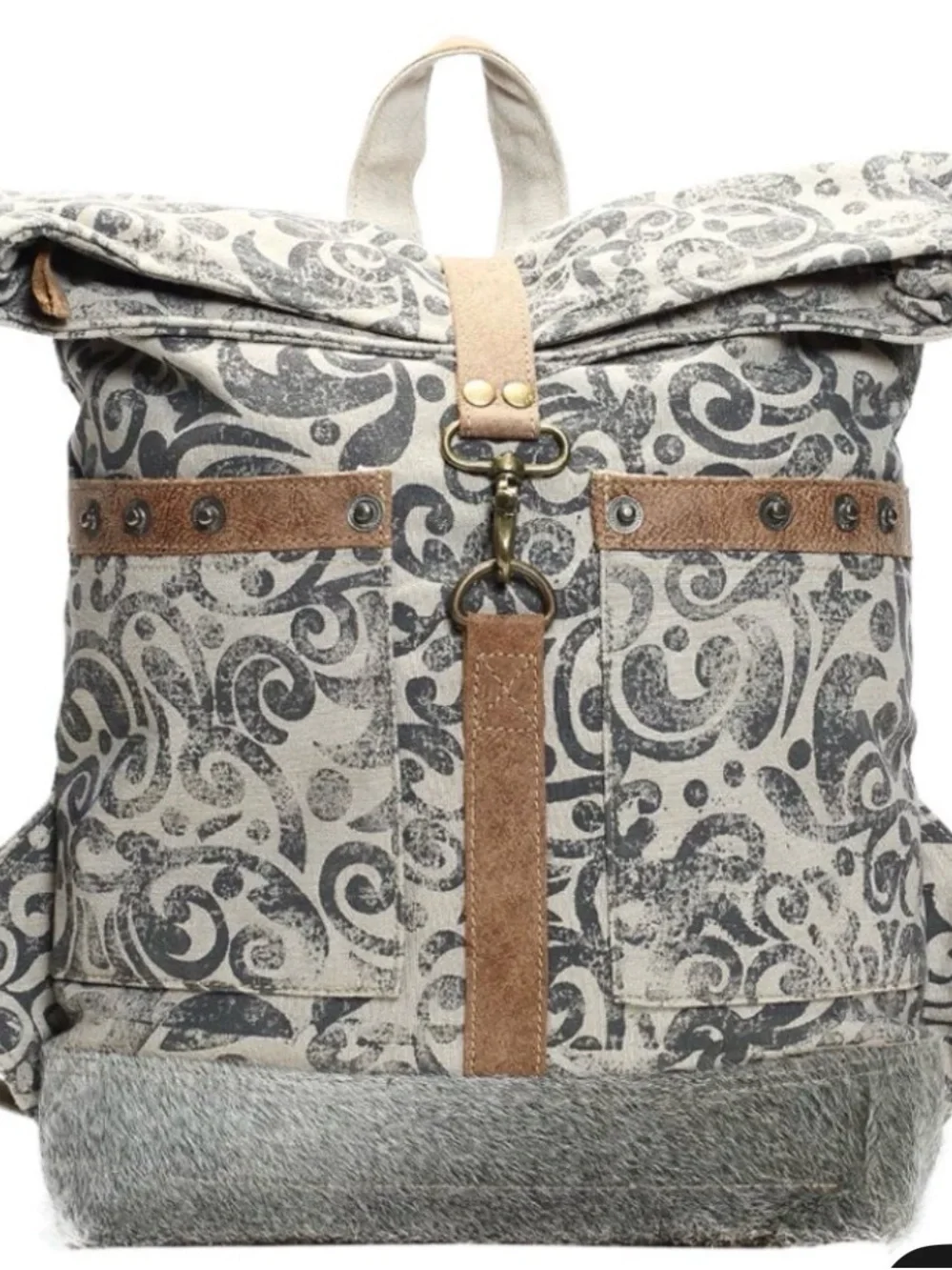 Myra Bag - Foldover Backpack Bag - Hairon, Canvas, & Leather